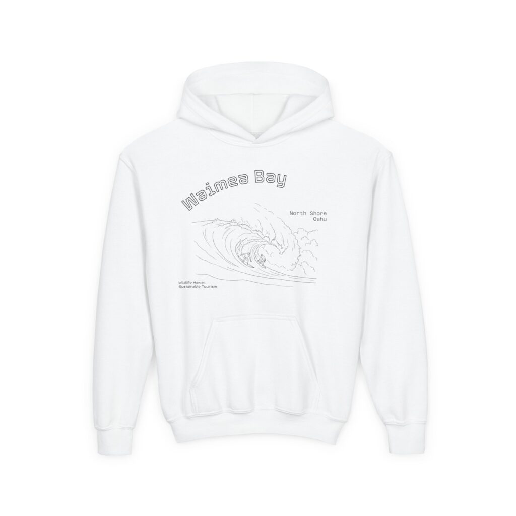 Youth Hoodie — "Waimea Bay North Shore Oahu" Wave Sketch Kids Pullover