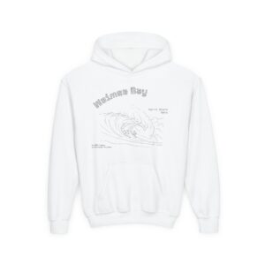 Youth Hoodie — "Waimea Bay North Shore Oahu" Wave Sketch Kids Pullover